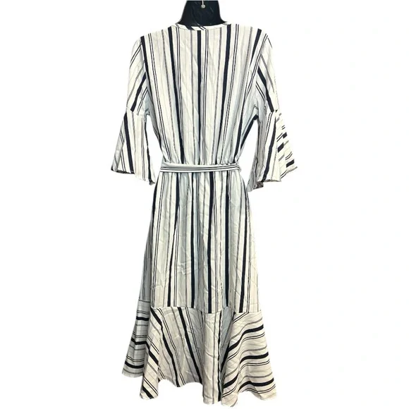 FLAMINGO Blue & White Striped Midi 3/4 Bell Slv, Slip on Dress & slip Sz.M - Picture 4 of 13